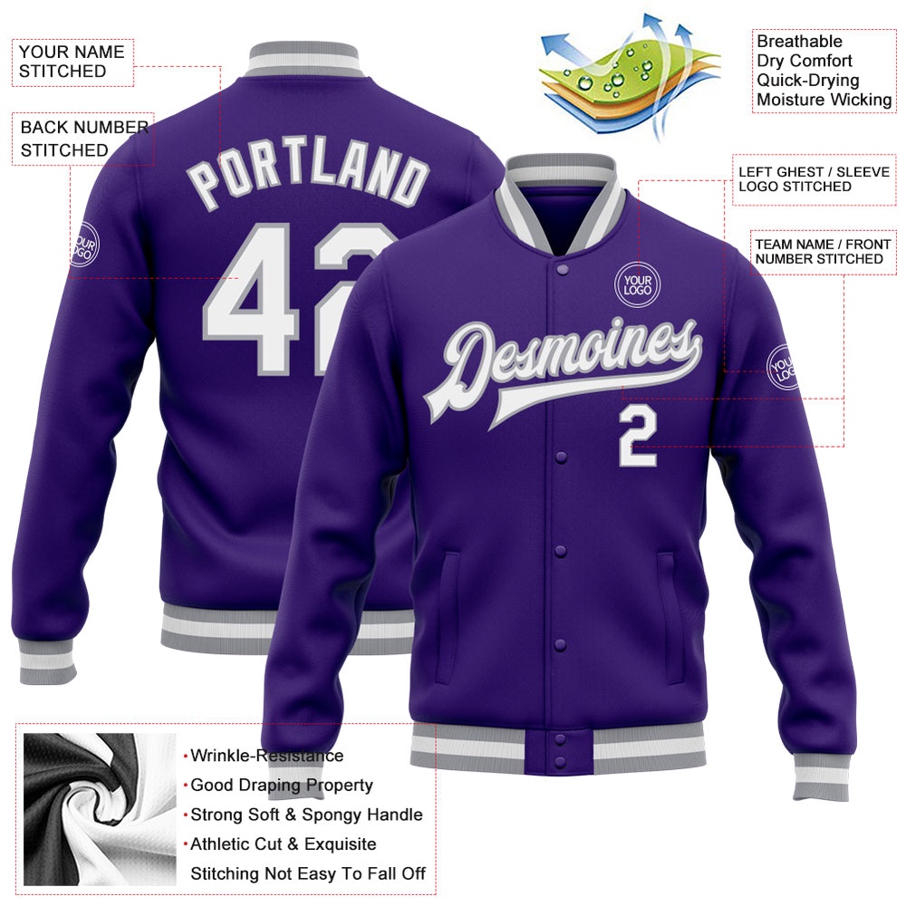 Custom Purple White Gray Bomber Full Snap Baseball Jacket, Custom Team Jacket