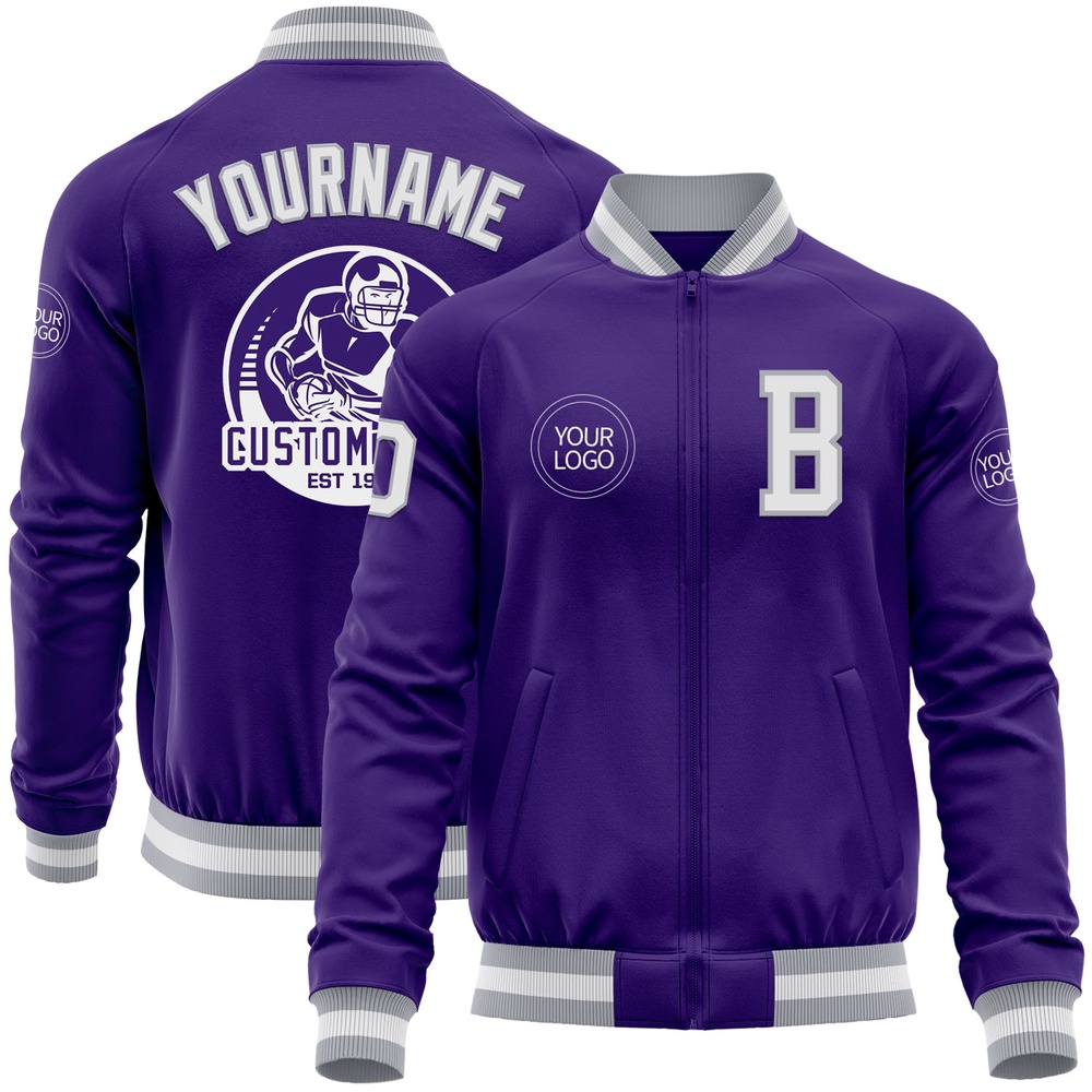 Custom Purple White Gray Bomber Varsity Baseball Jacket, Custom Team Jacket Custom Purple White Gray Bomber Varsity Baseball Jacket, Custom Team Jacket