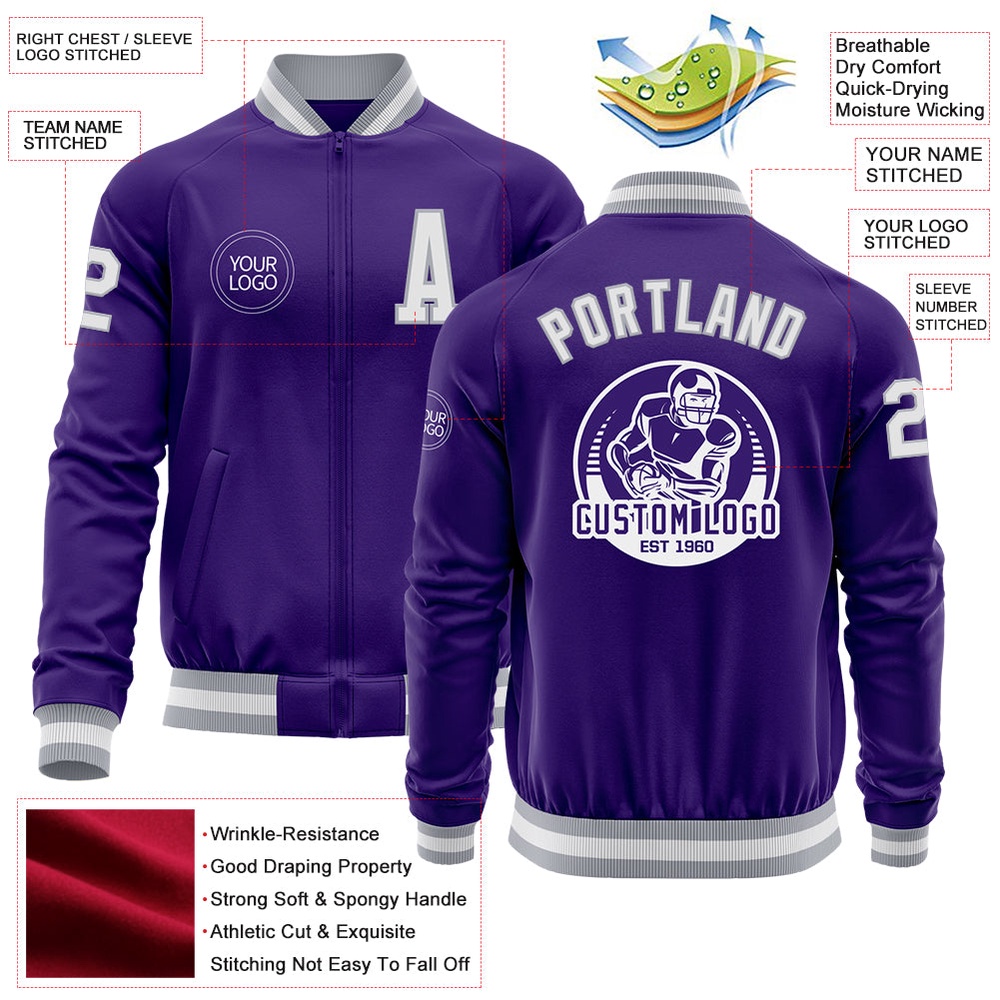Custom Purple White Gray Bomber Varsity Baseball Jacket, Custom Team Jacket Custom Purple White Gray Bomber Varsity Baseball Jacket, Custom Team Jacket