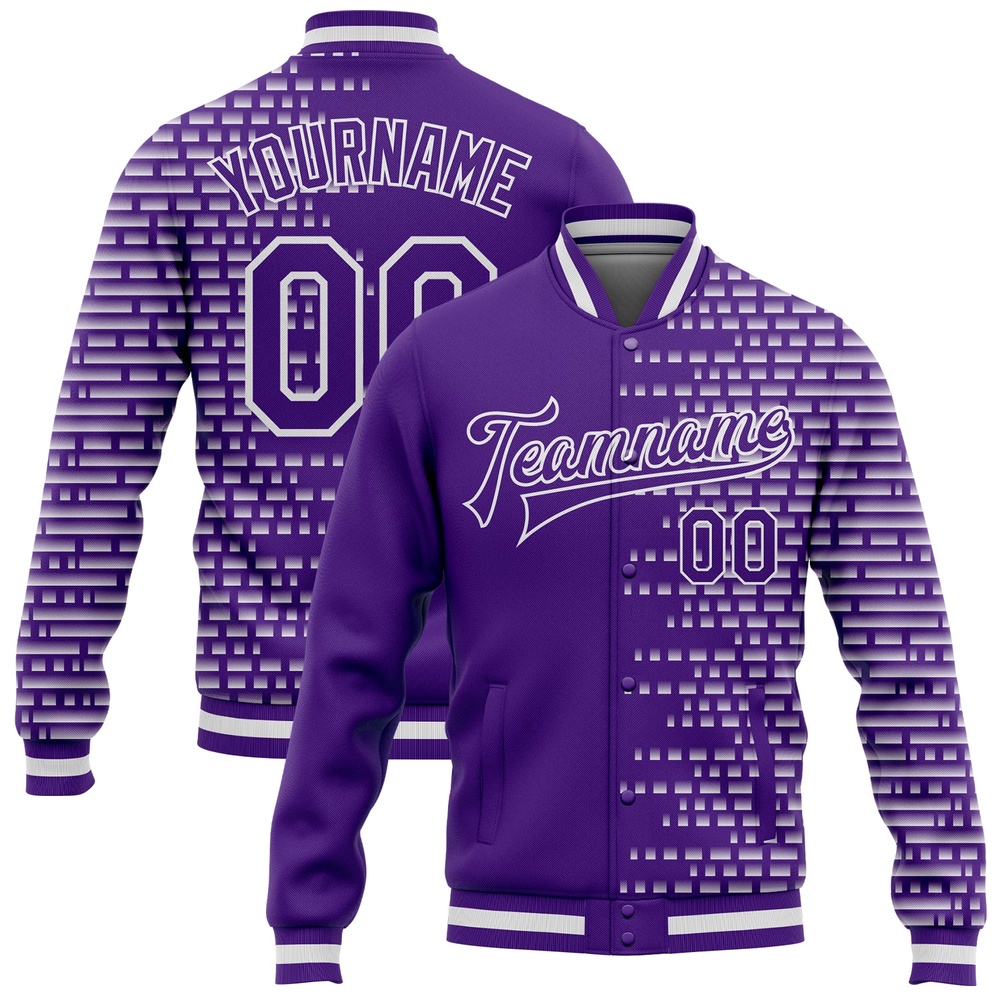 Custom Purple White Halftone 3D Pattern Design Bomber Full Snap Baseball Jacket, Custom Team Jacket Custom Purple White Halftone 3D Pattern Design Bomber Full Snap Baseball Jacket, Custom Team Jacket