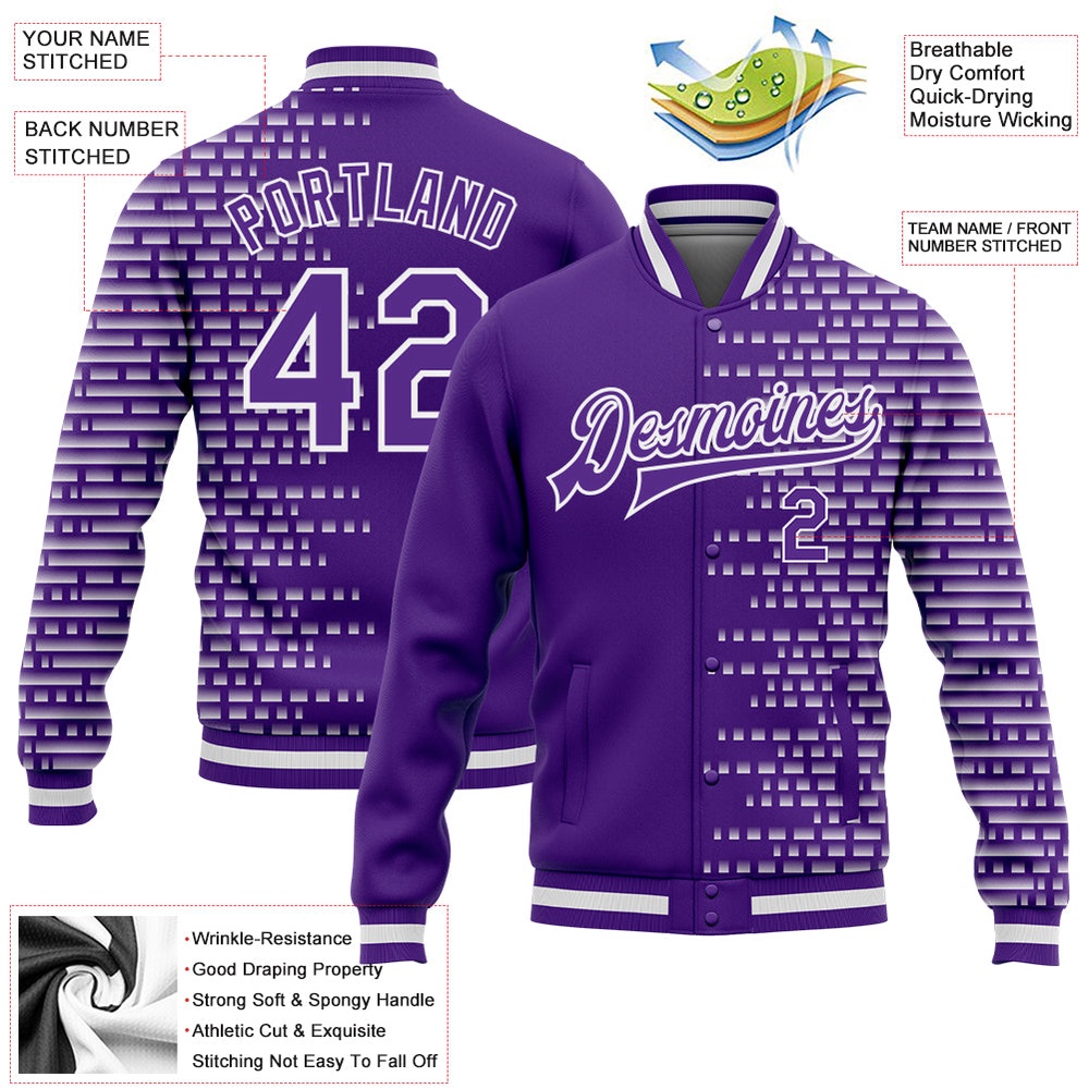 Custom Purple White Halftone 3D Pattern Design Bomber Full Snap Baseball Jacket, Custom Team Jacket Custom Purple White Halftone 3D Pattern Design Bomber Full Snap Baseball Jacket, Custom Team Jacket