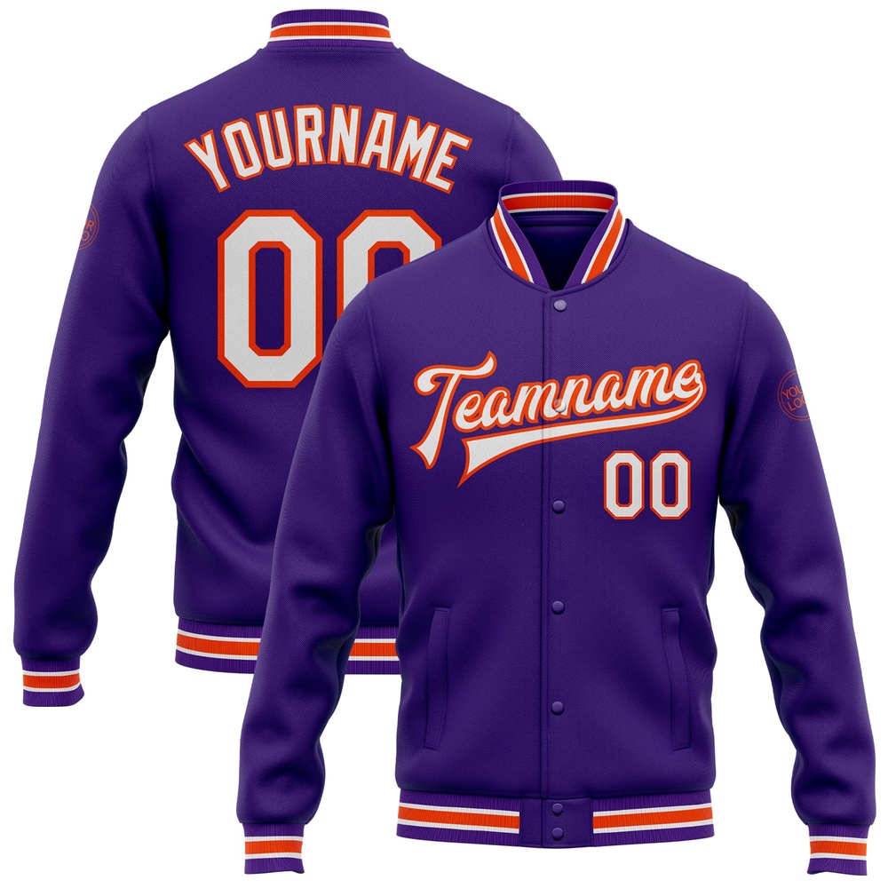 Custom Purple White Orange Bomber Full Snap Baseball Jacket, Custom Team Jacket