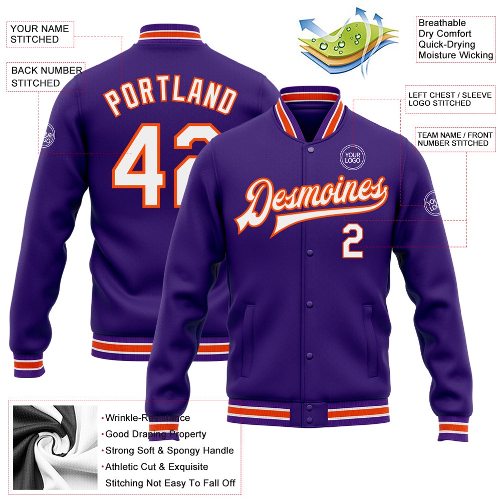 Custom Purple White Orange Bomber Full Snap Baseball Jacket, Custom Team Jacket