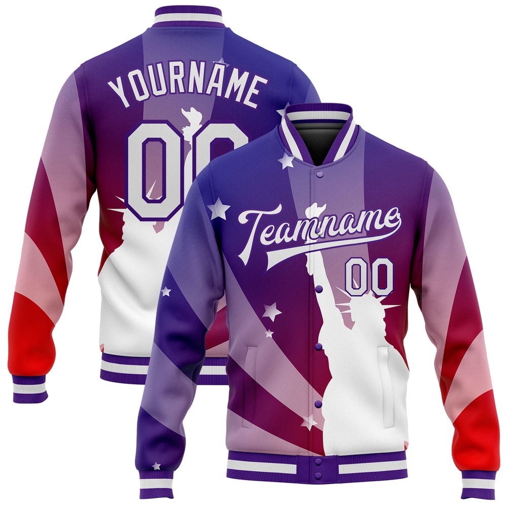 Custom Purple White Red Statue of Liberty 3D Pattern Design Bomber Full Snap Baseball Jacket, Custom Team Jacket Custom Purple White Red Statue of Liberty 3D Pattern Design Bomber Full Snap Baseball Jacket, Custom Team Jacket