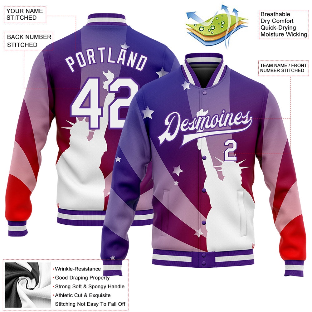 Custom Purple White Red Statue of Liberty 3D Pattern Design Bomber Full Snap Baseball Jacket, Custom Team Jacket Custom Purple White Red Statue of Liberty 3D Pattern Design Bomber Full Snap Baseball Jacket, Custom Team Jacket