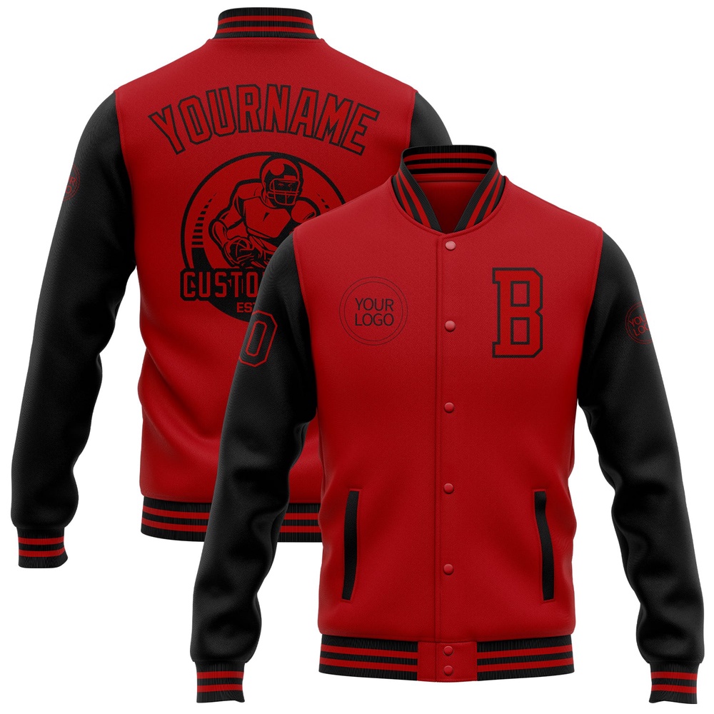 Custom Red Black Bomber Full Snap Varsity Baseball Jacket, Custom Team Jacket