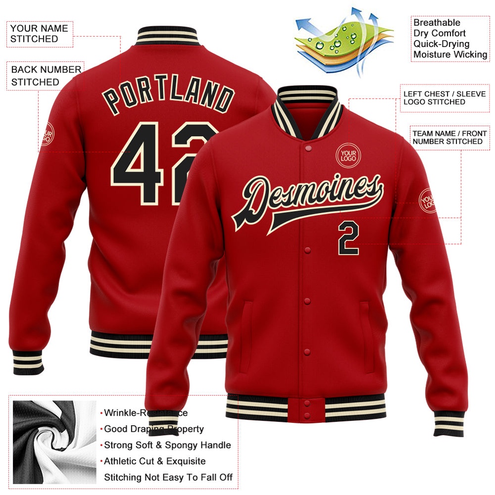 Custom Red Black Cream Bomber Full Snap Baseball Jacket, Custom Team Jacket