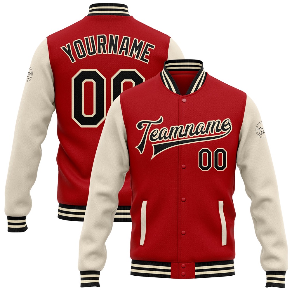 Custom Red Black Cream Bomber Full Snap Varsity Baseball Jacket, Custom Team Jacket Custom Red Black Cream Bomber Full Snap Varsity Baseball Jacket, Custom Team Jacket