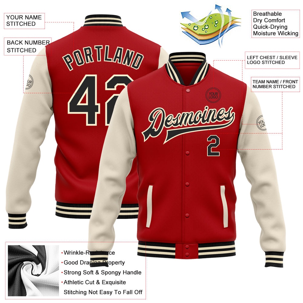 Custom Red Black Cream Bomber Full Snap Varsity Baseball Jacket, Custom Team Jacket Custom Red Black Cream Bomber Full Snap Varsity Baseball Jacket, Custom Team Jacket