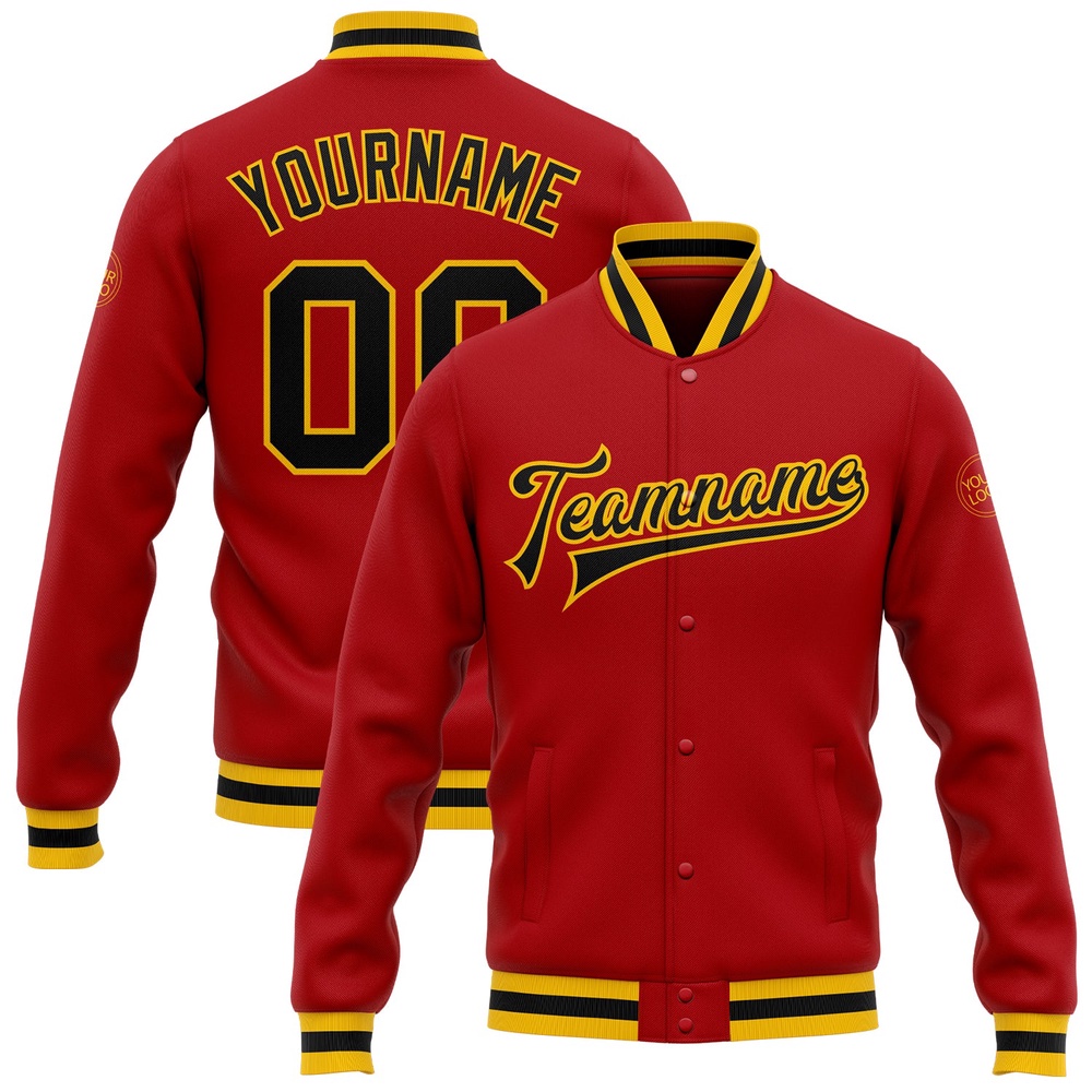 Custom Red Black Gold Bomber Full Snap Baseball Jacket, Custom Team Jacket Custom Red Black Gold Bomber Full Snap Baseball Jacket, Custom Team Jacket