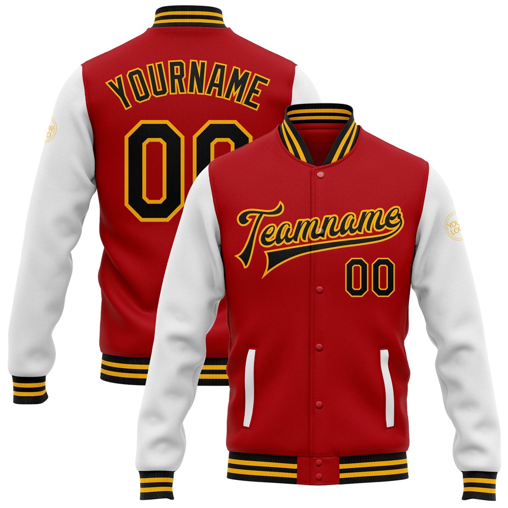 Custom Red Black Gold Bomber Full Snap Varsity Baseball Jacket, Custom Team Jacket Custom Red Black Gold Bomber Full Snap Varsity Baseball Jacket, Custom Team Jacket