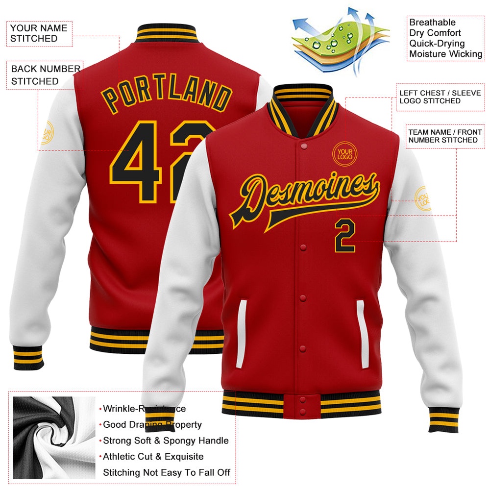 Custom Red Black Gold Bomber Full Snap Varsity Baseball Jacket, Custom Team Jacket Custom Red Black Gold Bomber Full Snap Varsity Baseball Jacket, Custom Team Jacket