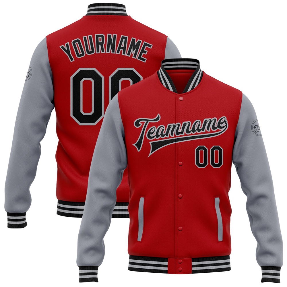Custom Red Black Gray Bomber Full Snap Varsity Baseball Jacket, Custom Team Jacket