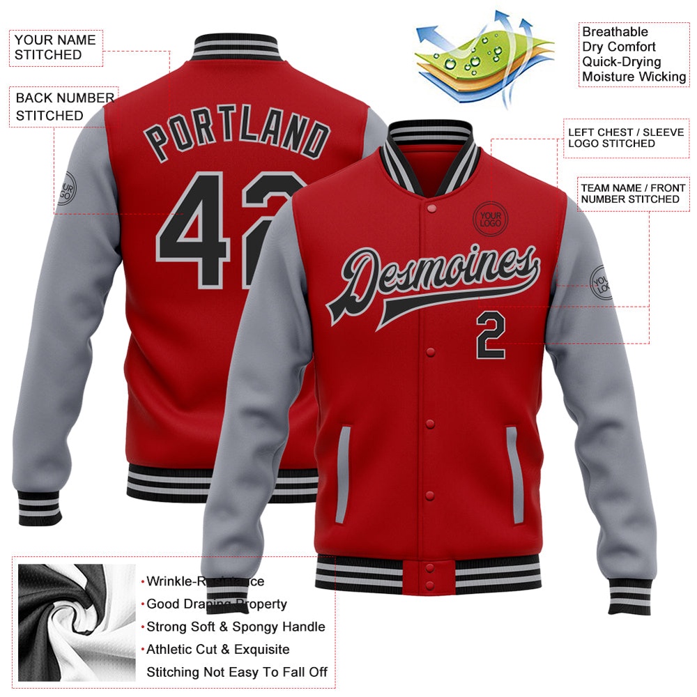 Custom Red Black Gray Bomber Full Snap Varsity Baseball Jacket, Custom Team Jacket