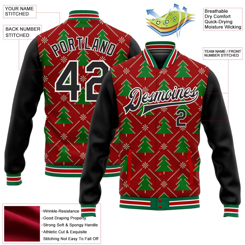Custom Red Black Kelly Green Christmas 3D Bomber Full Snap Baseball Jacket, Custom Team Jacket