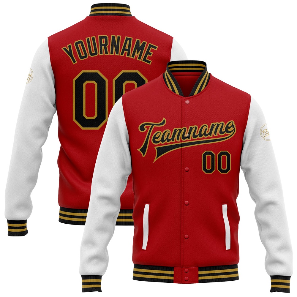 Custom Red Black Old Gold Bomber Full Snap Varsity Baseball Jacket, Custom Team Jacket