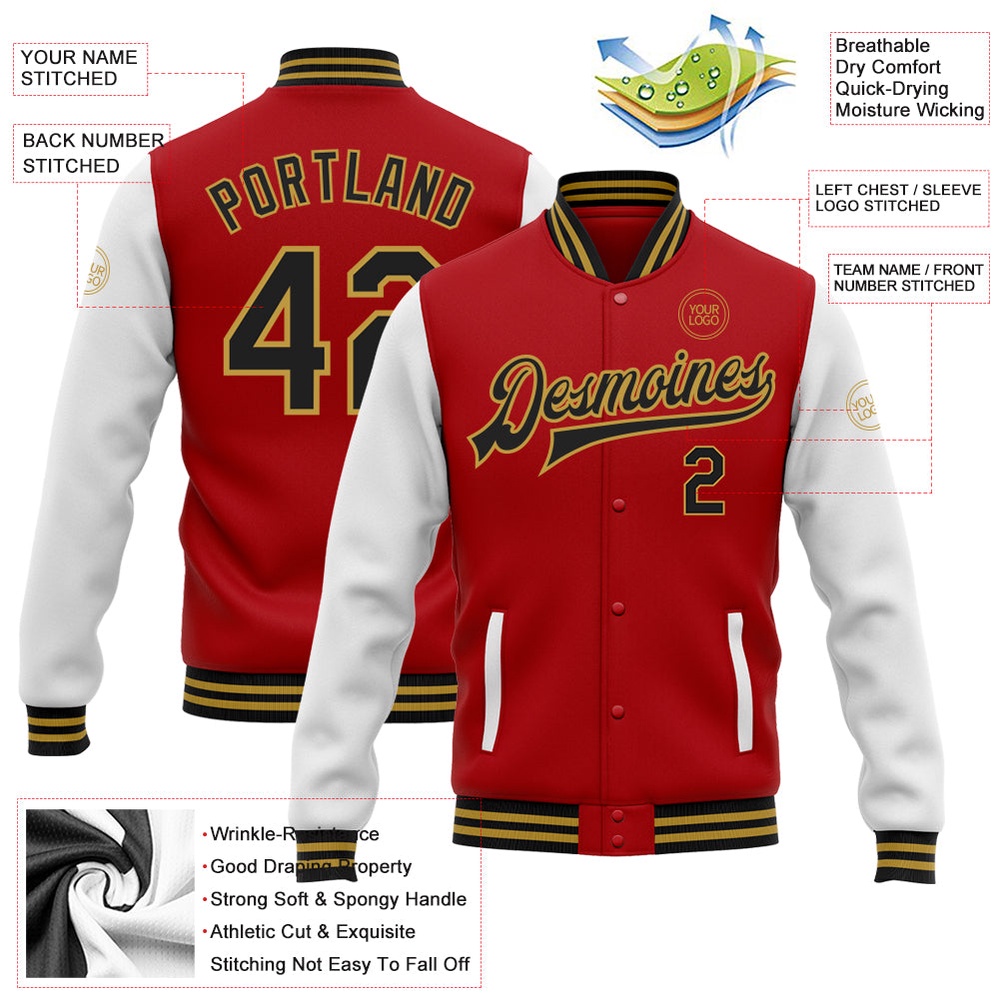 Custom Red Black Old Gold Bomber Full Snap Varsity Baseball Jacket, Custom Team Jacket