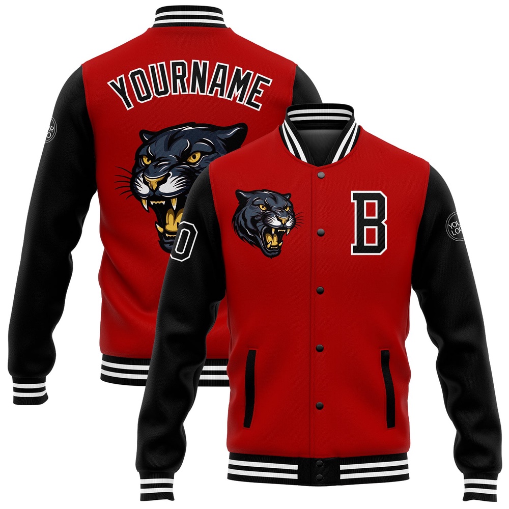 Custom Red Black White 3D Pattern Design Bomber Full Snap Baseball Jacket, Custom Team Jacket Custom Red Black White 3D Pattern Design Bomber Full Snap Baseball Jacket, Custom Team Jacket