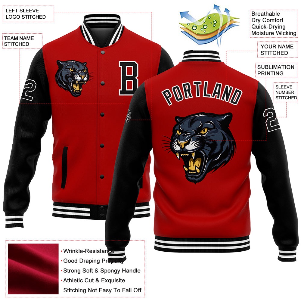 Custom Red Black White 3D Pattern Design Bomber Full Snap Baseball Jacket, Custom Team Jacket Custom Red Black White 3D Pattern Design Bomber Full Snap Baseball Jacket, Custom Team Jacket