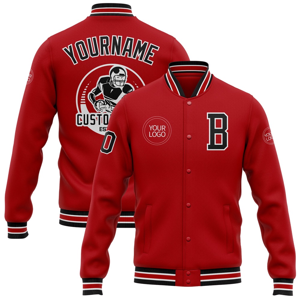 Custom Red Black White Bomber Full Snap Baseball Jacket, Custom Team Jacket Custom Red Black White Bomber Full Snap Baseball Jacket, Custom Team Jacket