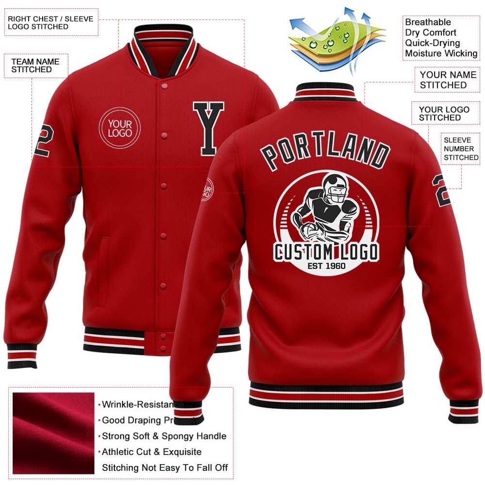 Custom Red Black White Bomber Full Snap Baseball Jacket, Custom Team Jacket Custom Red Black White Bomber Full Snap Baseball Jacket, Custom Team Jacket