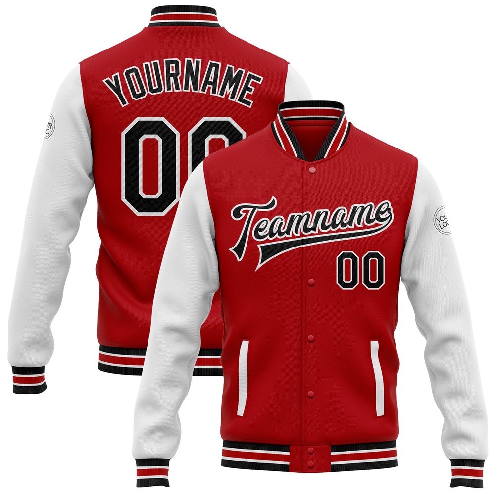 Custom Red Black White Bomber Full Snap Varsity Baseball Jacket, Custom Team Jacket Custom Red Black White Bomber Full Snap Varsity Baseball Jacket, Custom Team Jacket