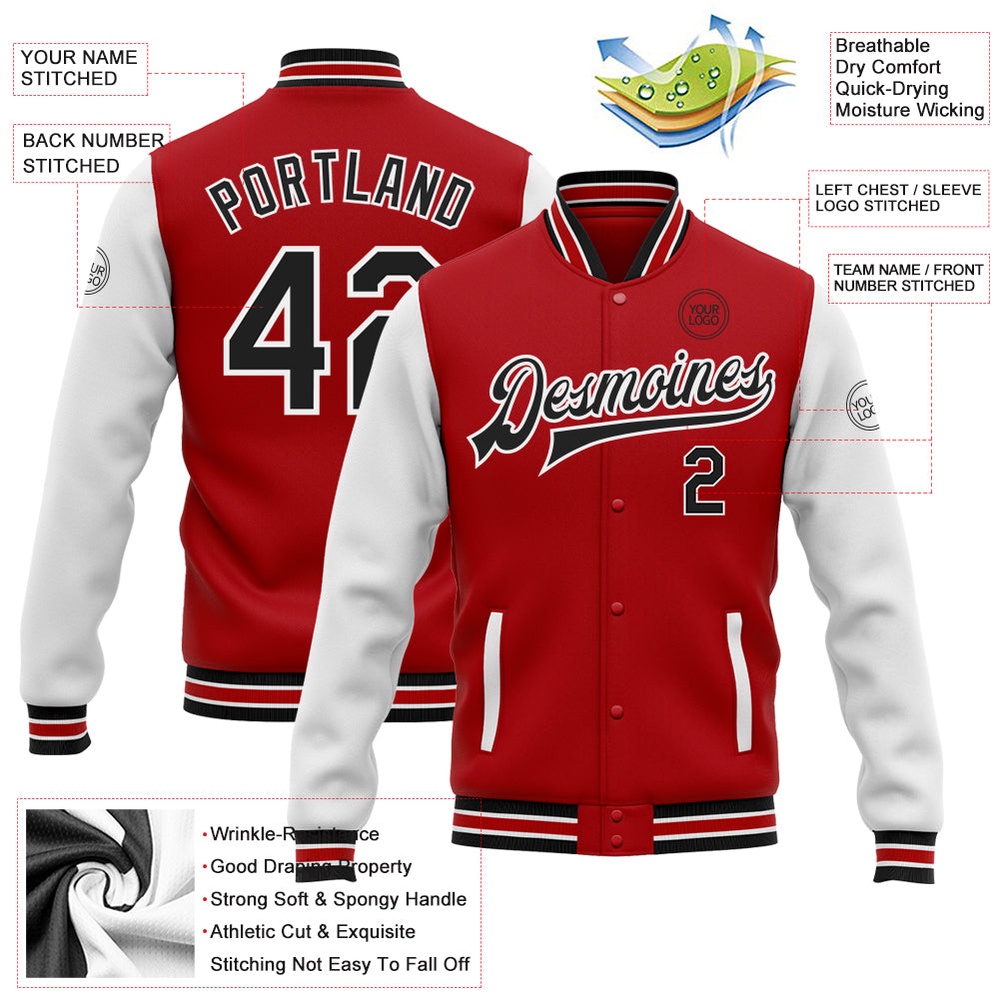 Custom Red Black White Bomber Full Snap Varsity Baseball Jacket, Custom Team Jacket Custom Red Black White Bomber Full Snap Varsity Baseball Jacket, Custom Team Jacket