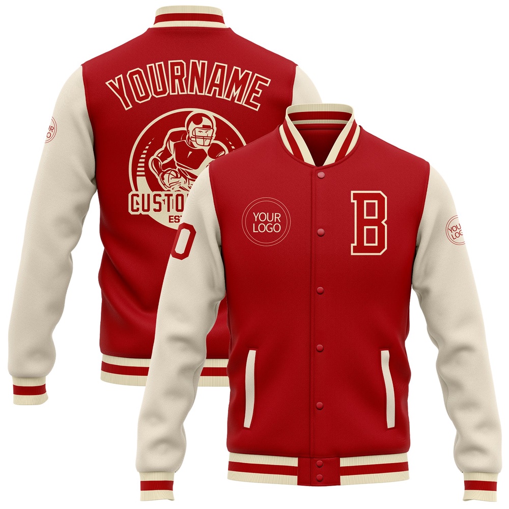 Custom Red Cream Bomber Full Snap Varsity Baseball Jacket, Custom Team Jacket Custom Red Cream Bomber Full Snap Varsity Baseball Jacket, Custom Team Jacket