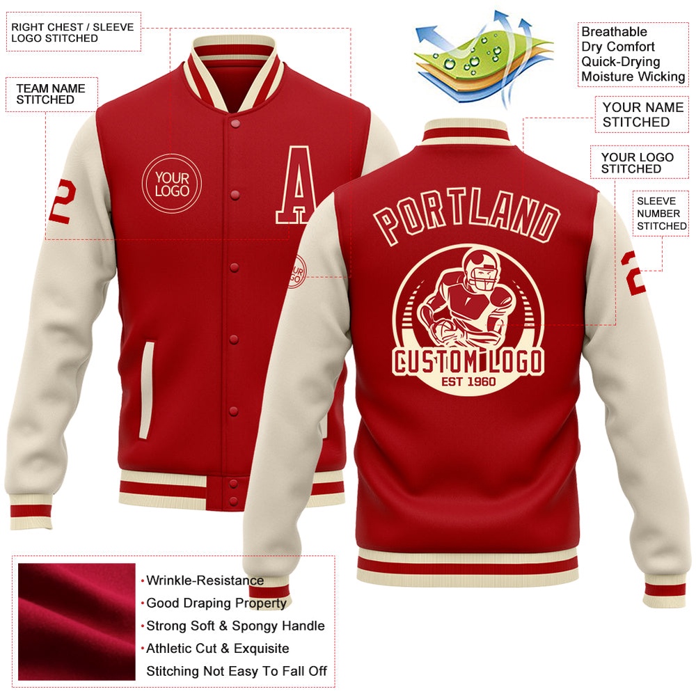 Custom Red Cream Bomber Full Snap Varsity Baseball Jacket, Custom Team Jacket Custom Red Cream Bomber Full Snap Varsity Baseball Jacket, Custom Team Jacket