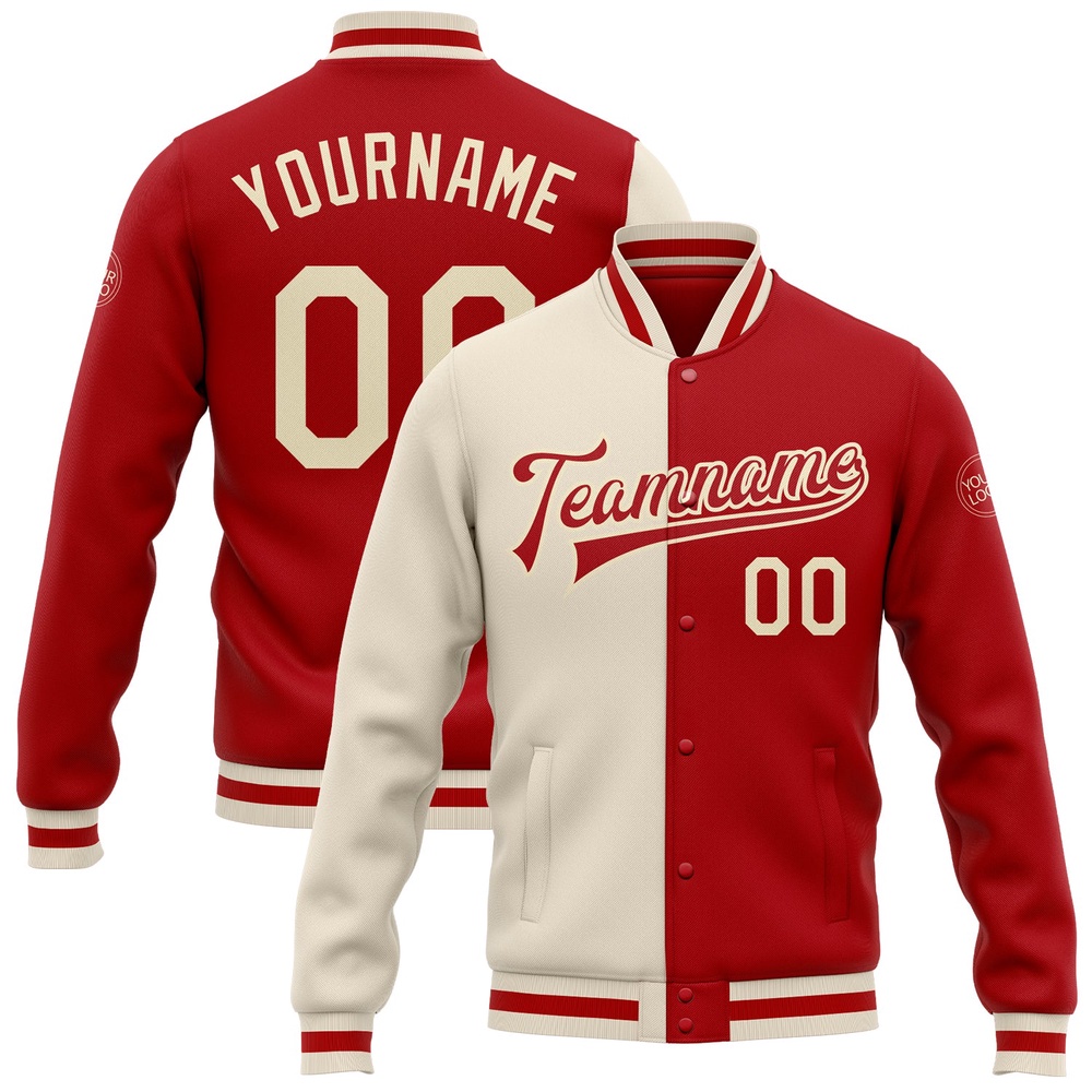 Custom Red Cream Bomber Full Snap Varsity Letterman Split Fashion Jacket, Custom Team Jacket Custom Red Cream Bomber Full Snap Varsity Letterman Split Fashion Jacket, Custom Team Jacket