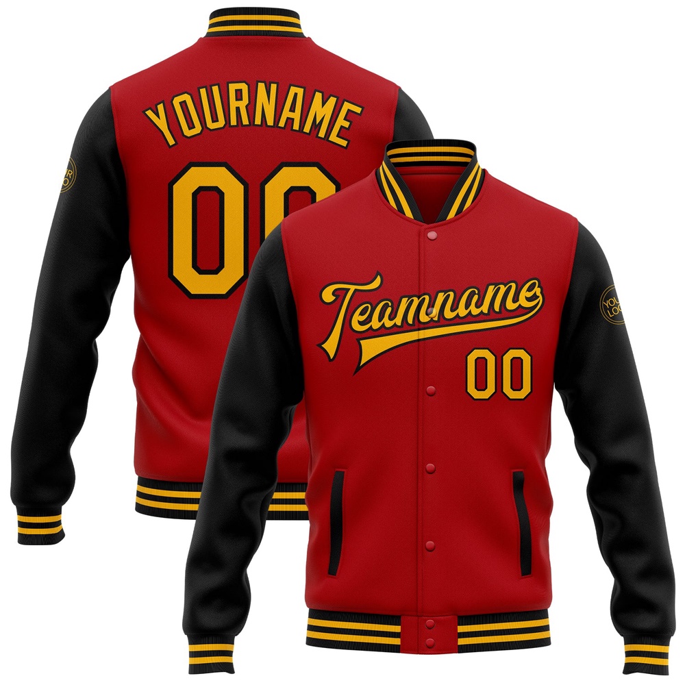 Custom Red Gold Black Bomber Full Snap Varsity Baseball Jacket, Custom Team Jacket Custom Red Gold Black Bomber Full Snap Varsity Baseball Jacket, Custom Team Jacket