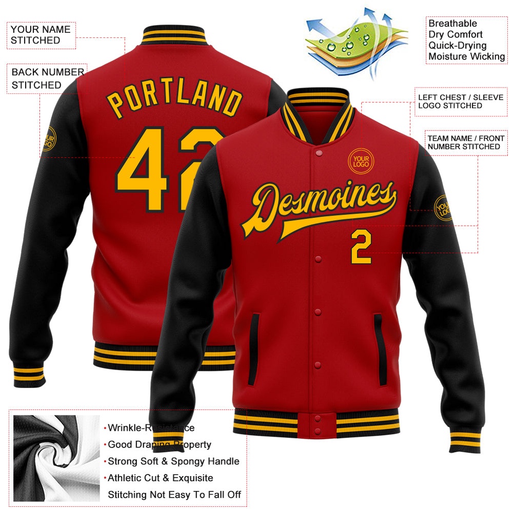 Custom Red Gold Black Bomber Full Snap Varsity Baseball Jacket, Custom Team Jacket Custom Red Gold Black Bomber Full Snap Varsity Baseball Jacket, Custom Team Jacket