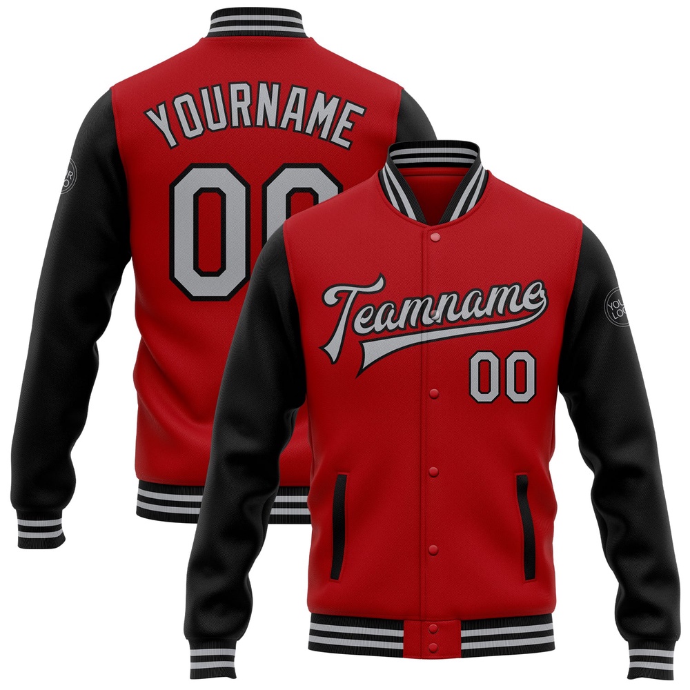 Custom Red Gray Black Bomber Full Snap Varsity Baseball Jacket, Custom Team Jacket