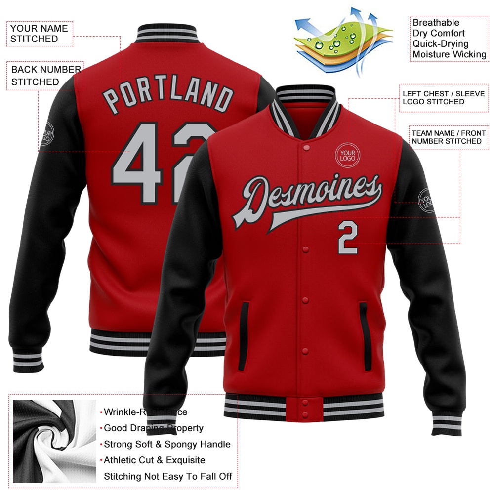 Custom Red Gray Black Bomber Full Snap Varsity Baseball Jacket, Custom Team Jacket
