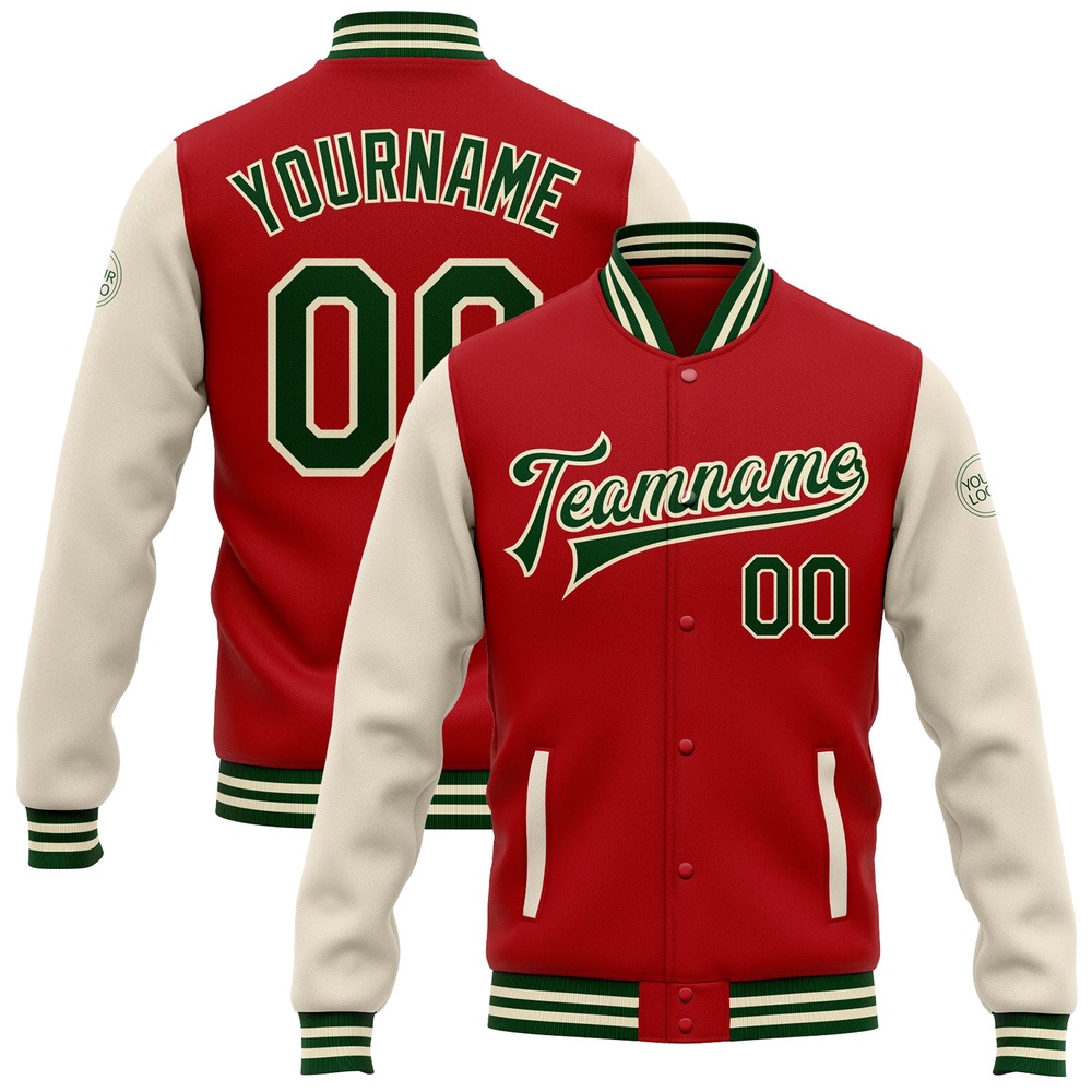 Custom Red Green Cream Bomber Full Snap Varsity Baseball Jacket, Custom Team Jacket