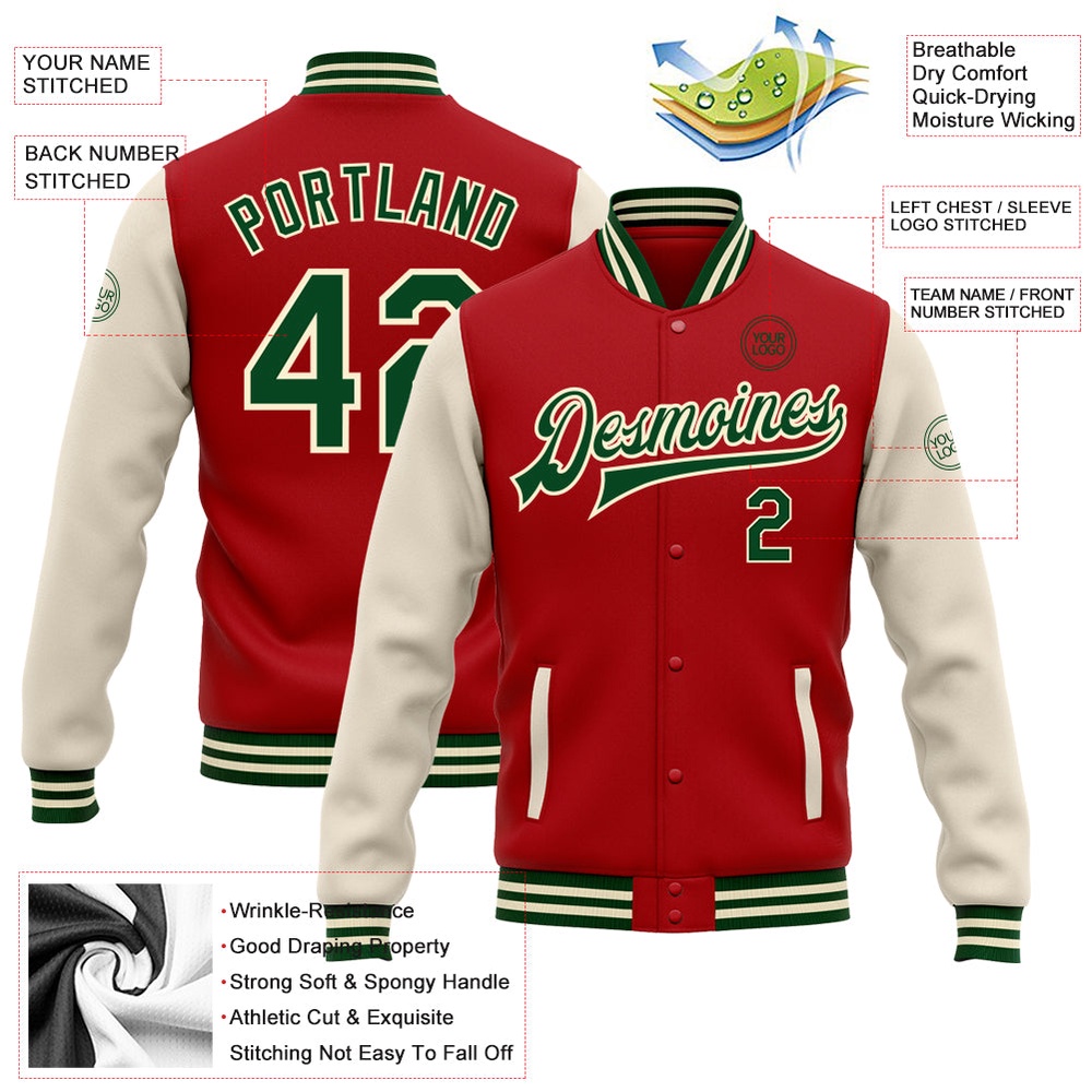 Custom Red Green Cream Bomber Full Snap Varsity Baseball Jacket, Custom Team Jacket