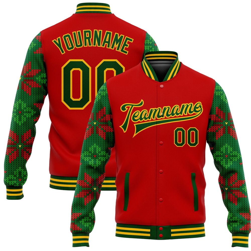 Custom Red Green Gold Christmas 3D Bomber Full Snap Baseball Jacket, Custom Team Jacket