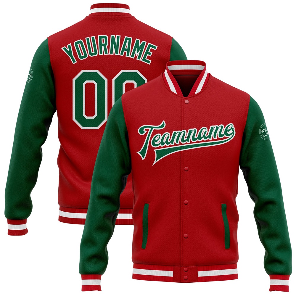 Custom Red Kelly Green White Bomber Full Snap Varsity Baseball Jacket, Custom Team Jacket Custom Red Kelly Green White Bomber Full Snap Varsity Baseball Jacket, Custom Team Jacket