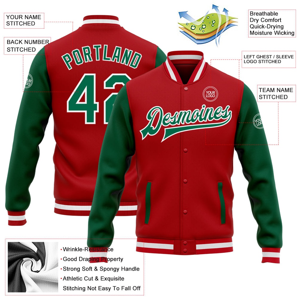 Custom Red Kelly Green White Bomber Full Snap Varsity Baseball Jacket, Custom Team Jacket Custom Red Kelly Green White Bomber Full Snap Varsity Baseball Jacket, Custom Team Jacket