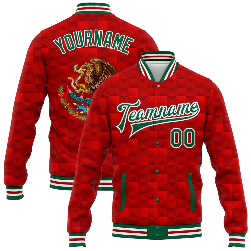Custom Red Kelly Green White Mexico 3D Bomber Full Snap Baseball Jacket, Custom Team Jacket