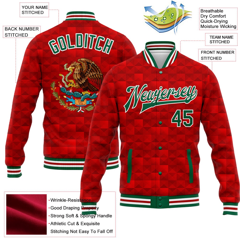 Custom Red Kelly Green White Mexico 3D Bomber Full Snap Baseball Jacket, Custom Team Jacket