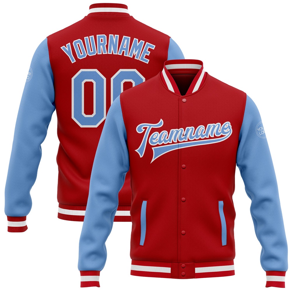 Custom Red Light Blue White Bomber Full Snap Varsity Baseball Jacket, Custom Team Jacket