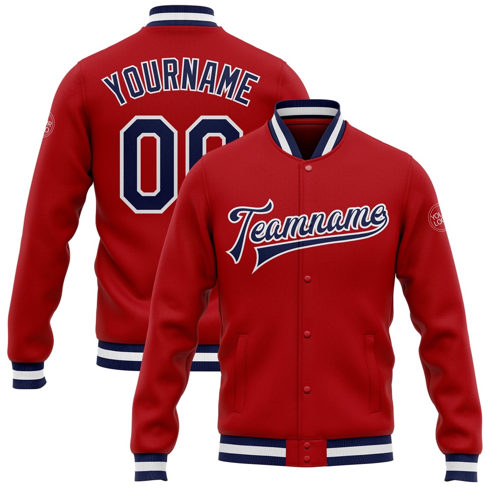 Custom Red Navy White Bomber Full Snap Baseball Jacket, Custom Team Jacket
