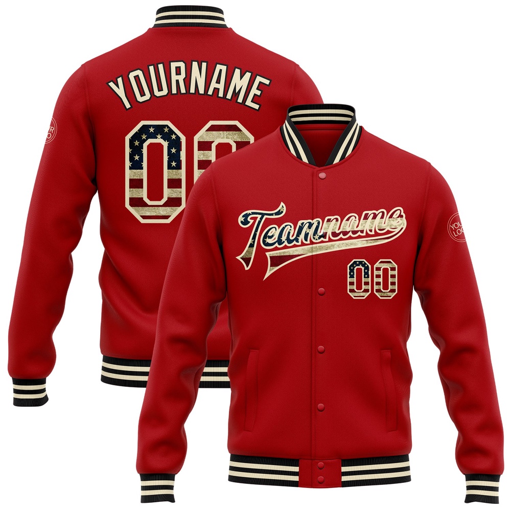Custom Red Vintage USA Flag Cream Black Bomber Full Snap Baseball Jacket, Custom Team Jacket Custom Red Vintage USA Flag Cream Black Bomber Full Snap Baseball Jacket, Custom Team Jacket