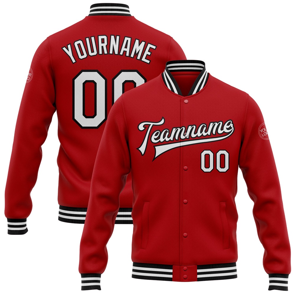 Custom Red White Black Bomber Full Snap Baseball Jacket, Custom Team Jacket