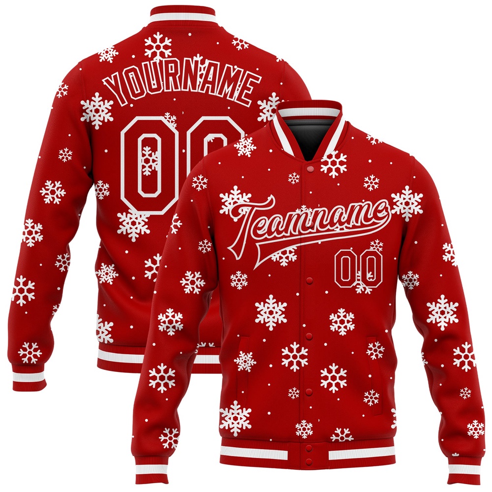 Custom Red White Christmas 3D Bomber Full Snap Baseball Jacket, Custom Team Jacket Custom Red White Christmas 3D Bomber Full Snap Baseball Jacket, Custom Team Jacket
