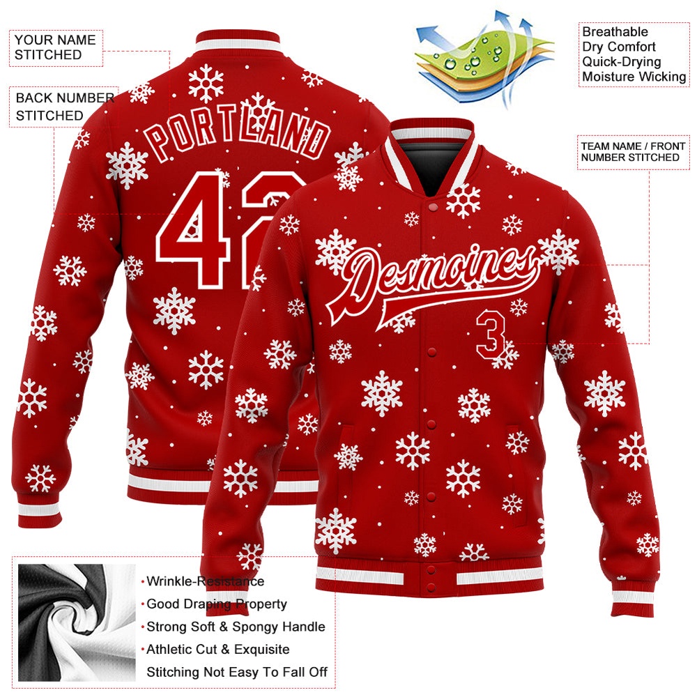 Custom Red White Christmas 3D Bomber Full Snap Baseball Jacket, Custom Team Jacket Custom Red White Christmas 3D Bomber Full Snap Baseball Jacket, Custom Team Jacket