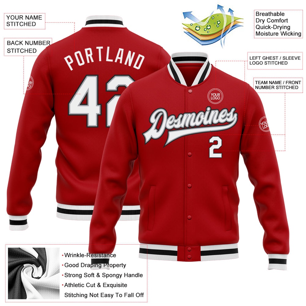 Custom Red White Gray Black Bomber Full Snap Baseball Jacket, Custom Team Jacket