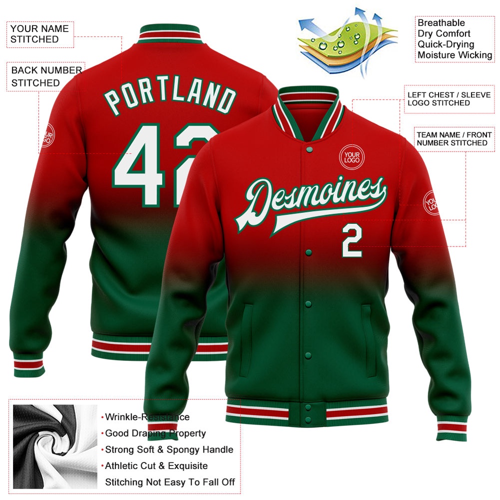 Custom Red White Kelly Green Bomber Full Snap Baseball Jacket, Custom Team Jacket