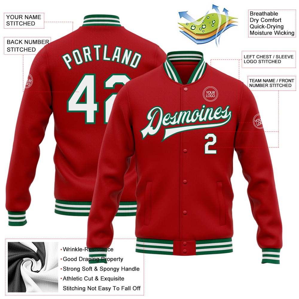 Custom Red White Kelly Green Bomber Full Snap Varsity Letterman Jacket, Custom Team Jacket